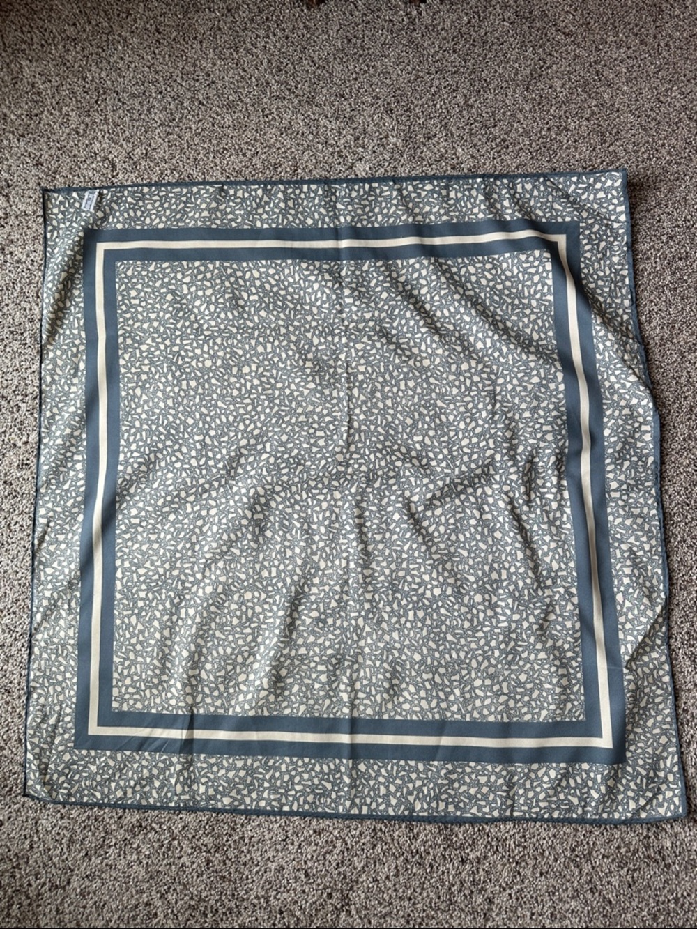 Square Printed Boarder Scarf in Neutral Blue Gray and Cream